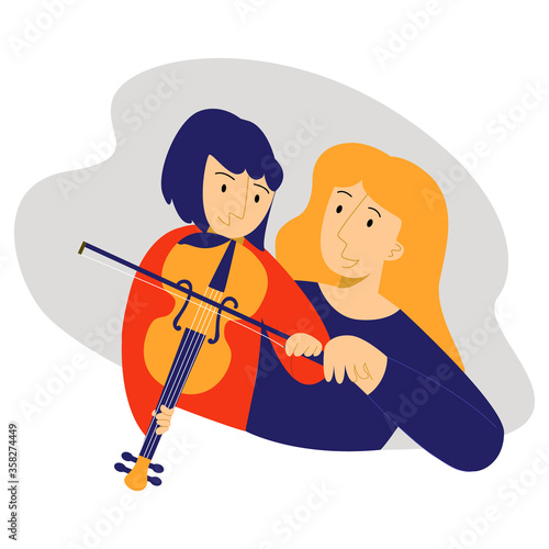 Vector flat illustration teenager who plays violin under supervision teacher. Concept teaching music, schools, studios, conservatories. You can use it in banners, landing pages, social networks, etc.