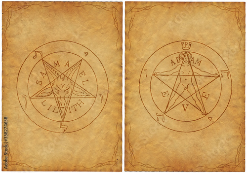 Mystical pentagram, old pages isolated on white background. photo
