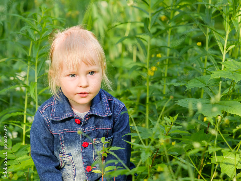 Selective focus on a blonde little girl looking out from the thick green grass. Selective focus on a blonde little girl looking out from the thick green grass.