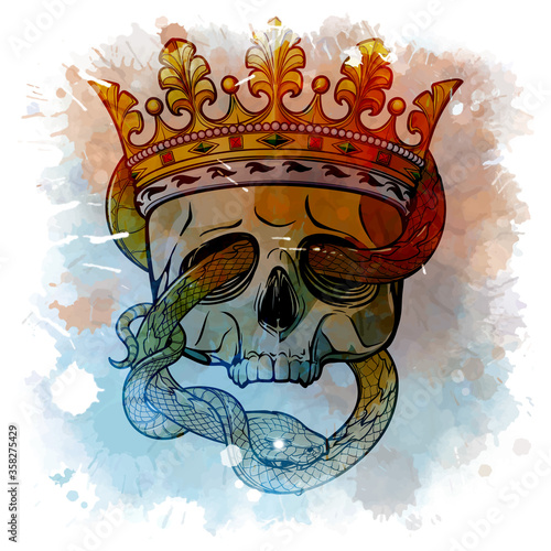 Crowned human skull with a snake eating its own tail. Alchemy concept illustration with a sign meaning remember you are mortal. Black and white drawing isolated on white background. EPS 10 vector