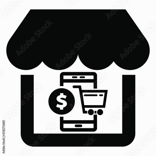 Electronic commerce. Online trading. Settlements through the bank. Shop and bank card. Vector icon.