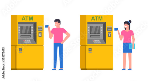 People using ATM. man and woman using atm to withdraw cash. ATM payment. isolated on white background