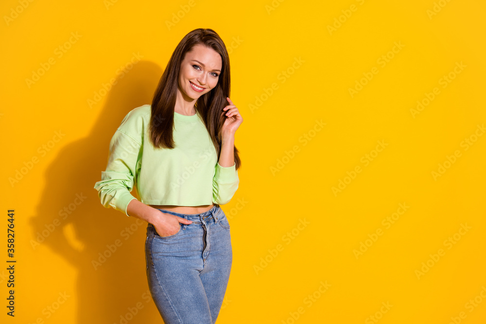 Portrait of nice lovely adorable sweet girl enjoy spring weekend rest relax copyspace touch hair hands wear pullover isolated vivid color background Portrait of nice lovely adorable sweet girl enjoy spring weekend rest relax copyspace touch hair hands wear pullover isolated vivid color background