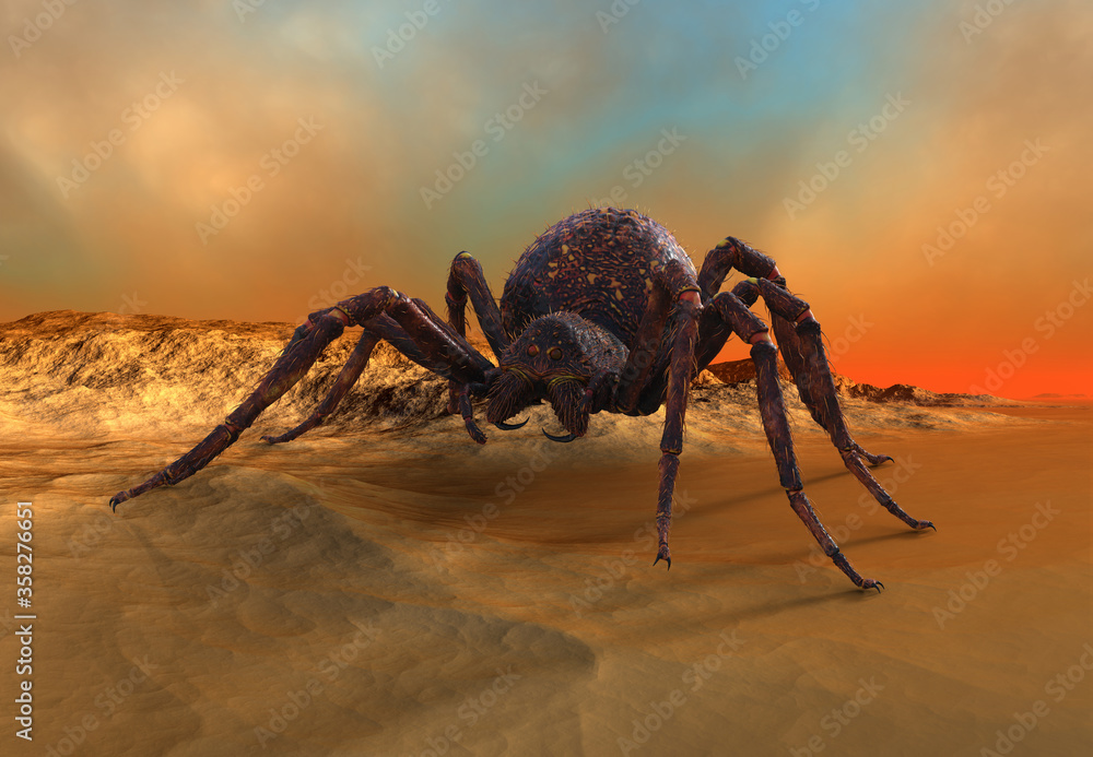 3D rendered Giant Creepy Spider On Fantasy Landscape - 3D Illustration