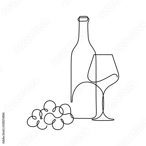 Bottle of wine with wineglass and grape bunch in continuous line art drawing style. Minimalist black linear sketch isolated on white background. Vector illustration
