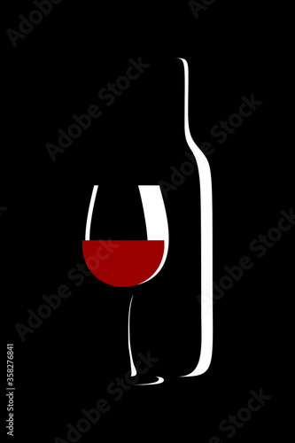 Wine drink minimalist design. Glass of red wine with bottle silhouette isolated on black background. Vector illustration