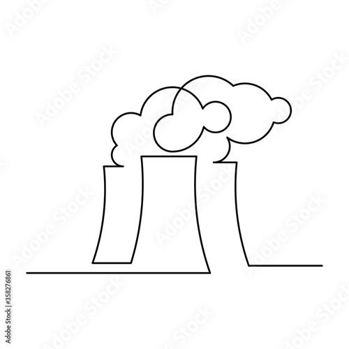 Cooling towers of power plant in continuous line art drawing style. Power station or heavy industry harmful emissions. Minimalist black linear design isolated on white background. Vector illustration