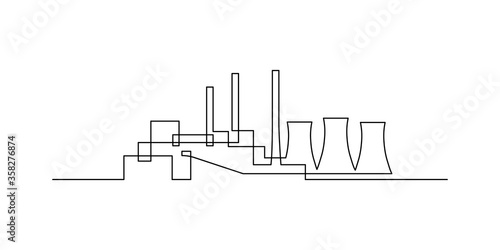 Power plant in continuous line art drawing style. Power station with cooling towers minimalist black linear design isolated on white background. Vector illustration