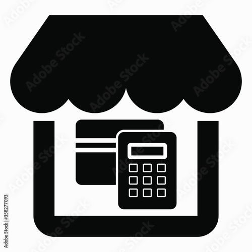 Electronic commerce. Online trading. Settlements through the bank. Shop and bank card. Vector icon.