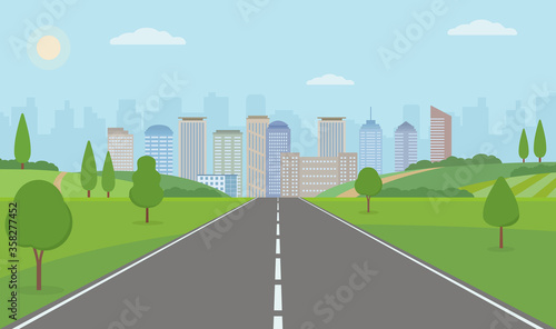 Road To City. Straight empty road through the meadow. Summer landscape vector illustration.