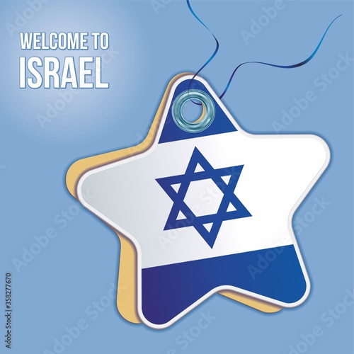 Welcome to Israel. Flag of Israel, Travel to the State of Israel. product emblem. Label price tag in the form of a paper star. Bright, beautiful vector image for any of your projects.