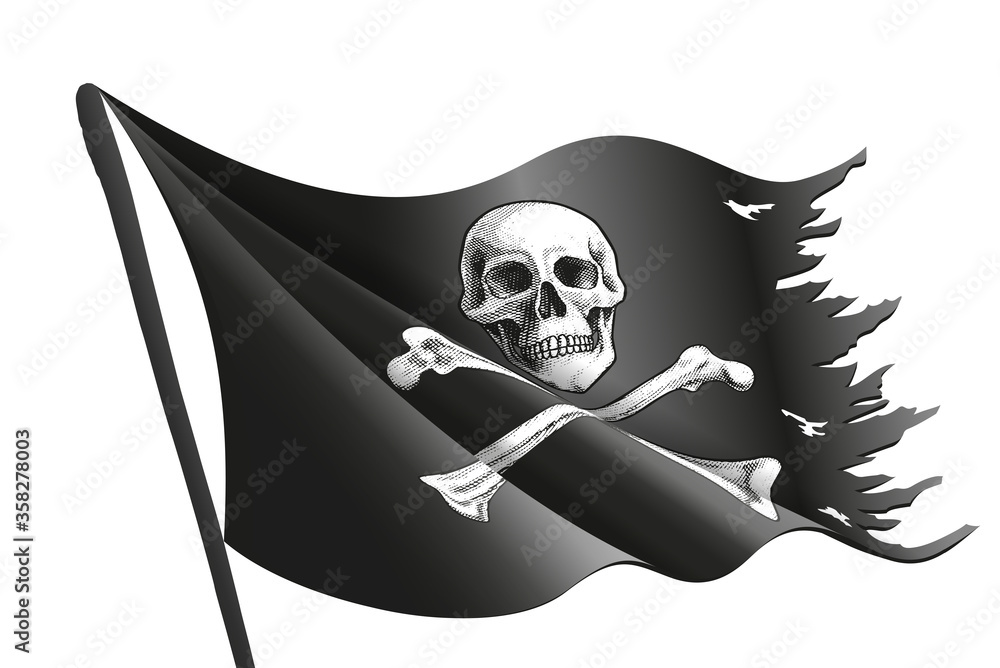 Wavy black pirate flag with bone and skull is on the flagpole