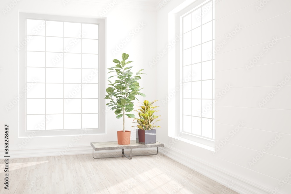 modern room with table with plants interior design. 3D illustration