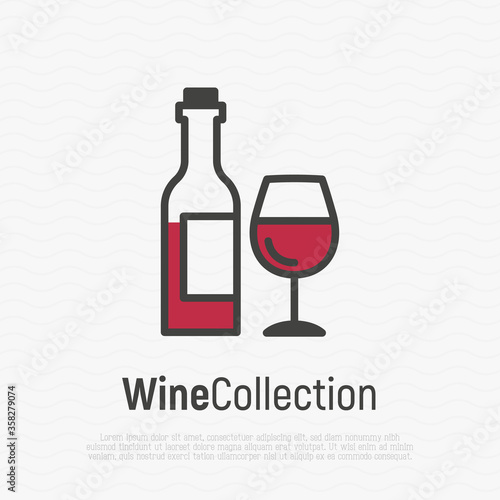 Logotype for wine bar and wine making. WIne glass and bottle. Thin line icon. Modern vector illustration.