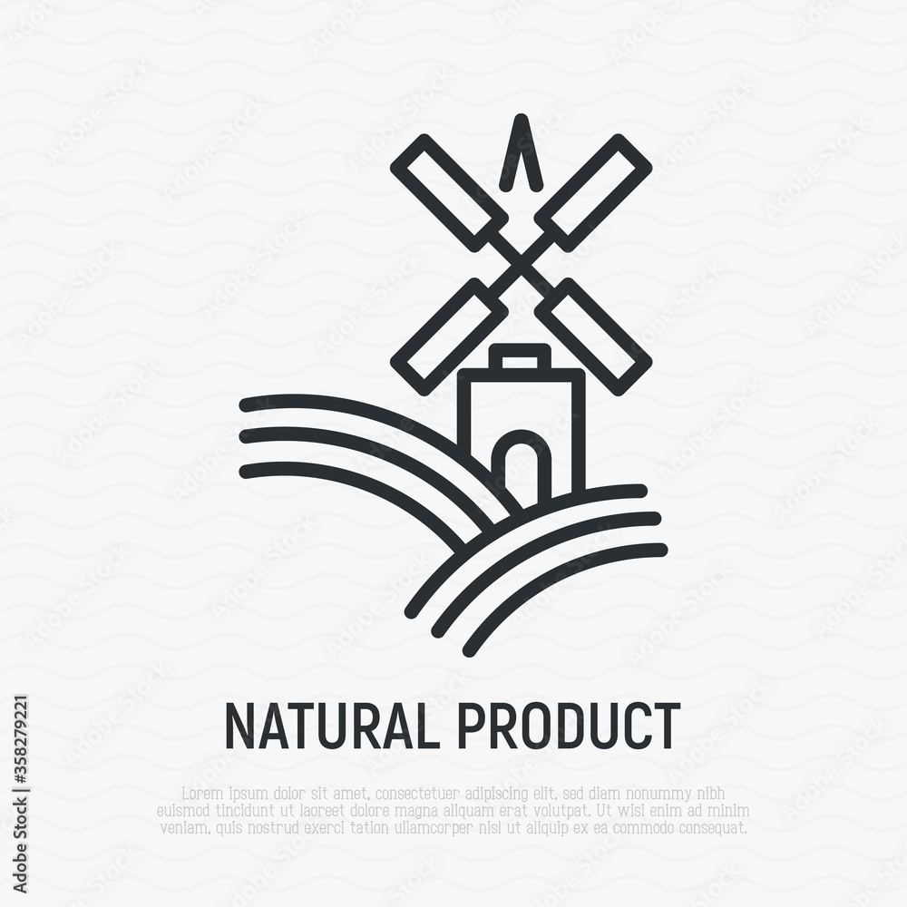 Simple logo for farm on the green hills with meadow field or brewery with windmill in thin line style. Vector illustration.