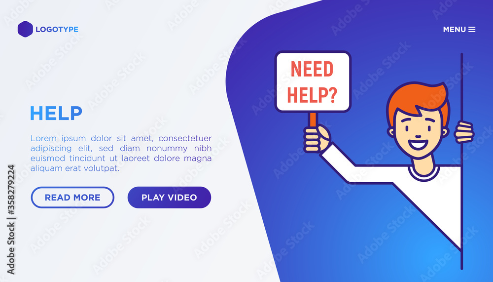Happy man peeks out and holds the sign that asks 'Need Help?'. Support service, volunteering, charity concept. Web page template. Thin line vector illustration. Happy man peeks out and holds the sign that asks 'Need Help?'. Support service, volunteering, charity concept. Web page template. Thin line vector illustration.