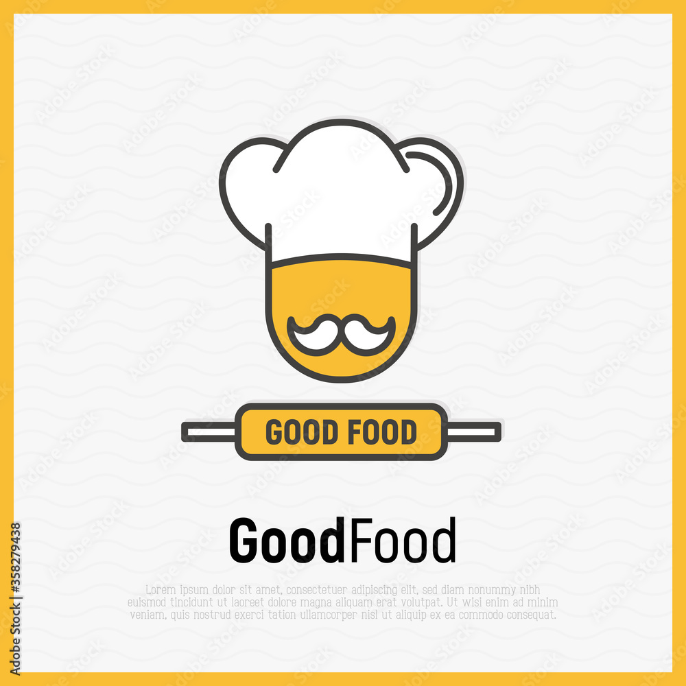Logo for cafe or restaurant with chef in hat with mustache. Thin line vector illustration. Logo for cafe or restaurant with chef in hat with mustache. Thin line vector illustration.