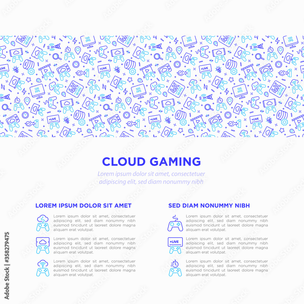 Cloud gaming concept with thin line icons: play on laptop, 120 FPS, low-latency gameplay, gamepad, wi-fi, instant installation, game controller, 5G technology. Vector illustration. Cloud gaming concept with thin line icons: play on laptop, 120 FPS, low-latency gameplay, gamepad, wi-fi, instant installation, game controller, 5G technology. Vector illustration.
