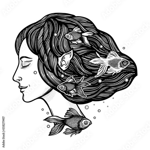 Portret of young fairy with gold fishes. Magic river nymph, mysterious character from mermaid tales. Isolated vector illustration.