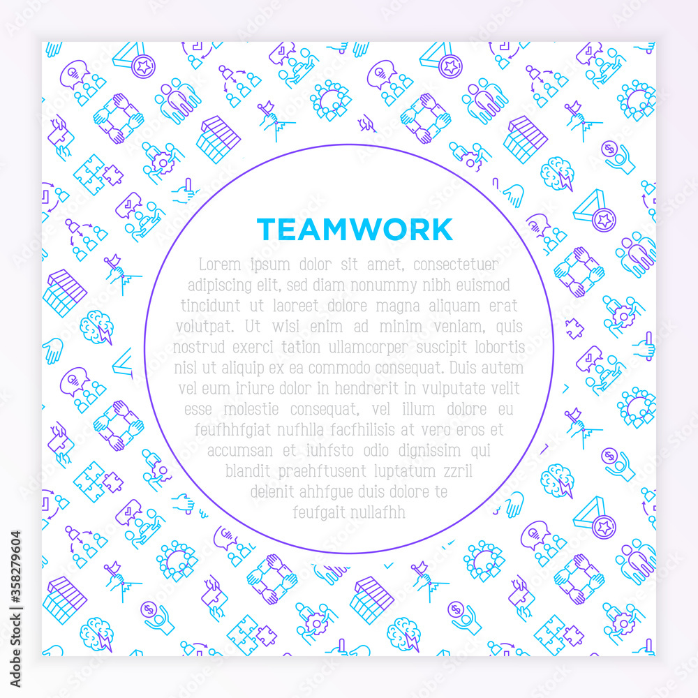 Teamwork concept with thin line icons: relay race, brainstorm, success, meeting, idea share, collaboration, joint project, unity, support, delegation, bonus. Modern vector illustration. Teamwork concept with thin line icons: relay race, brainstorm, success, meeting, idea share, collaboration, joint project, unity, support, delegation, bonus. Modern vector illustration.