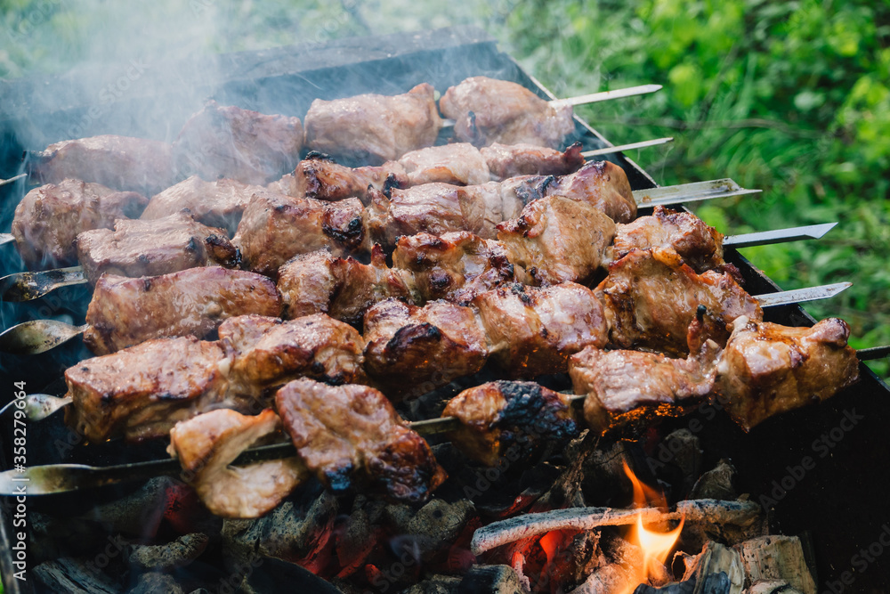 pork kebab fried on skewers on the grill pork kebab fried on skewers on the grill