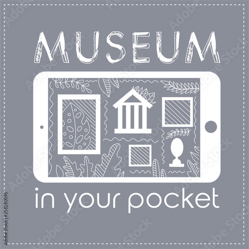 Vector flat linear isolated concept icon logotype of smartphone or tablet with online excursion and text museum in your pocket on grey background