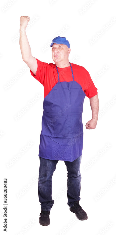 Man worker striker fight for rights with fist up Man worker striker fight for rights with fist up