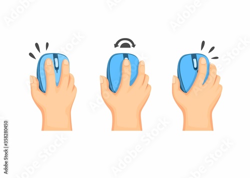 Hand holding Computer Mouse, Wireless Mouse Guide Instruction Symbol in Cartoon Illustration Vector on White Background
