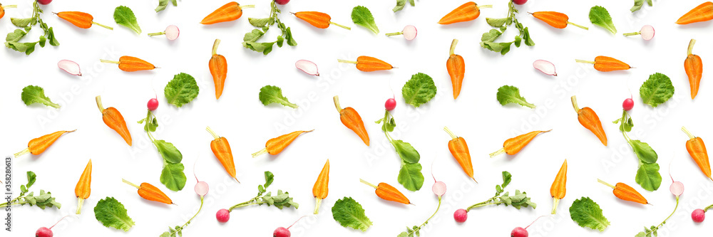 Vegetables isolated on white background. Food seamless pattern of vegetables: carrots, radishes, green tops. Top view, flat lay. Vegetables isolated on white background. Food seamless pattern of vegetables: carrots, radishes, green tops. Top view, flat lay.