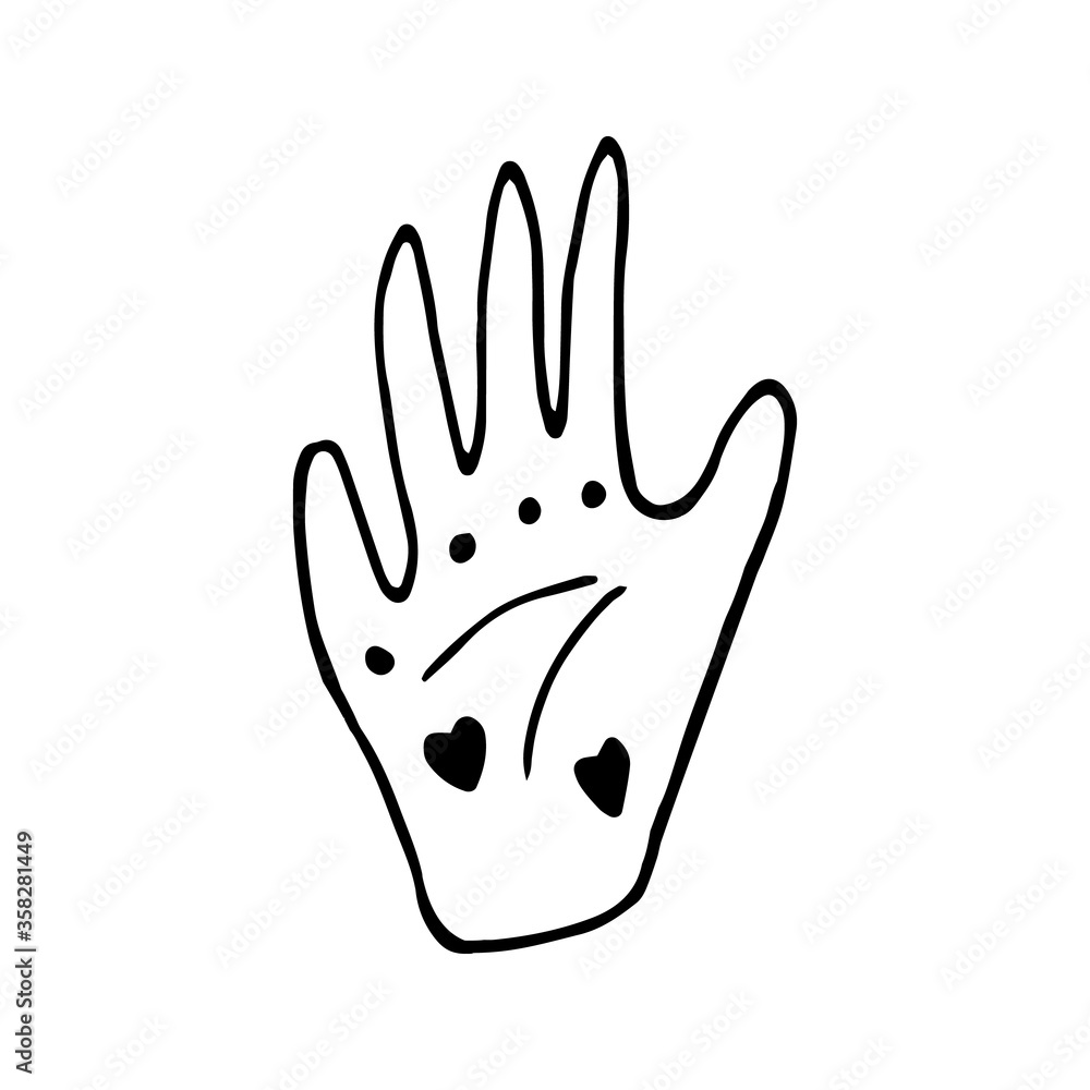 Obraz premium Cute doodle vector elements about magic and chiromancy, divination. Hand drawn hand with magical symbols. Isolated on white backdrop.