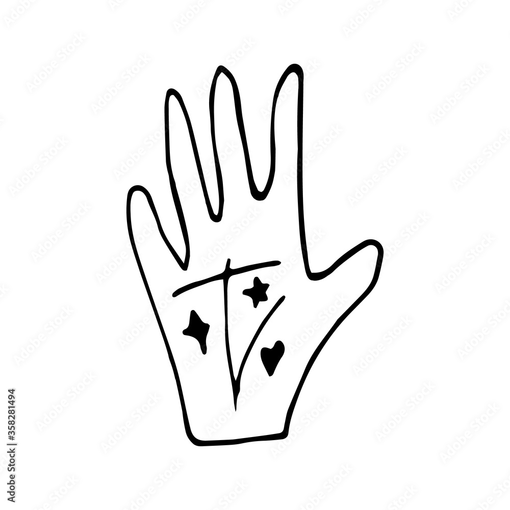 Cute doodle vector elements about magic and chiromancy, divination. Hand drawn hand with magical symbols. Isolated on white backdrop. Cute doodle vector elements about magic and chiromancy, divination. Hand drawn hand with magical symbols. Isolated on white backdrop.