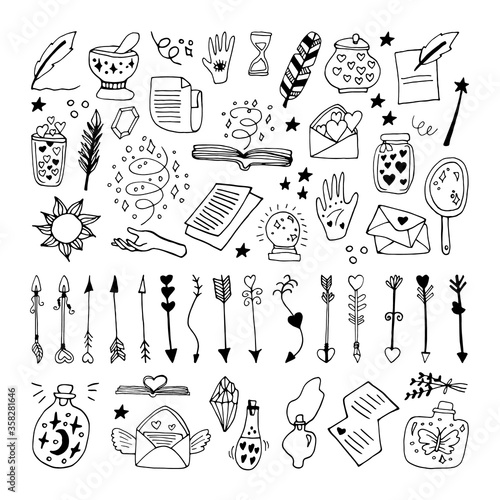 Big set doodle vector elements about esotericist. Hand drawn jars, feathers, arrows,books, sun, moon, stars and other magical symbols. Isolated on white backdrop.