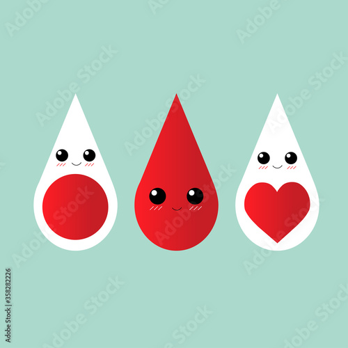 Vector flat design icon set of drops with cute eyes on blood donor day, green background