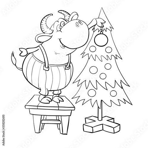 a bull in trousers with suspenders stood on a stool and decorates a Christmas tree, cartoon illustration, sketch, coloring, symbol of the year, 