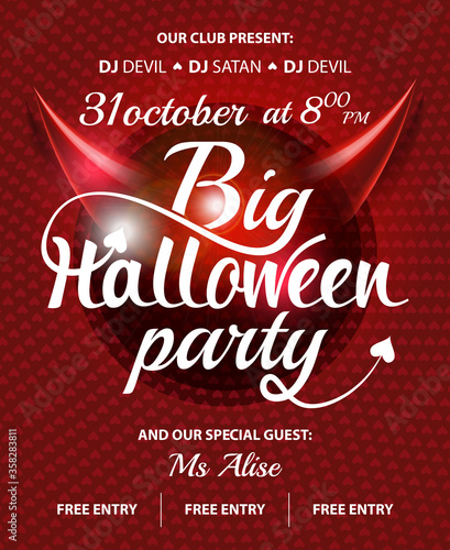 Big Halloween party pink club invitation, flyer with text on shine abstract background and devil horns