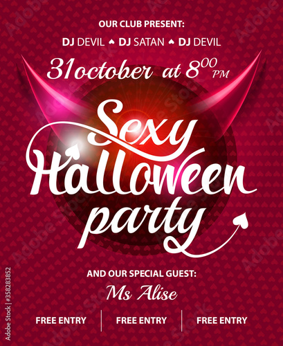 Sexy Halloween party pink club invitation, flyer with text on shine abstract background and devil horns