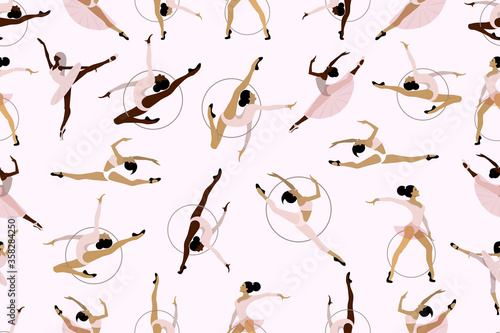 Pattern of girl rhythmic gymnastics with hoops and  ballet dancers vector illustration. Women Acrobatic Gymnastics, flat.