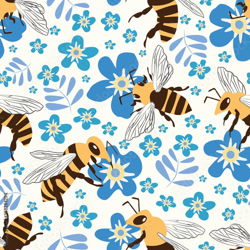 Vector honey bee and Forget-me-not flower seamless pattern background. Flying insect and floral blue white backdrop. Folk country millefleur design. Modern all over print for garden and nature concept