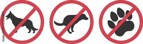 Vector flat restriction icons collection, crossed out silhouettes, dog walking forbidden area, isolated on white background