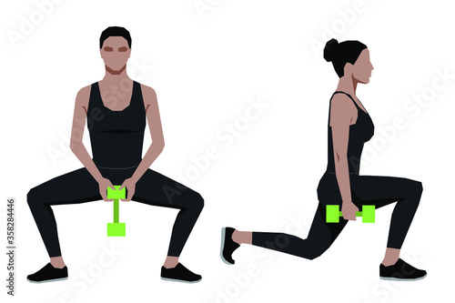 Woman do sport exercises with dumbbells, home training vector illustration.