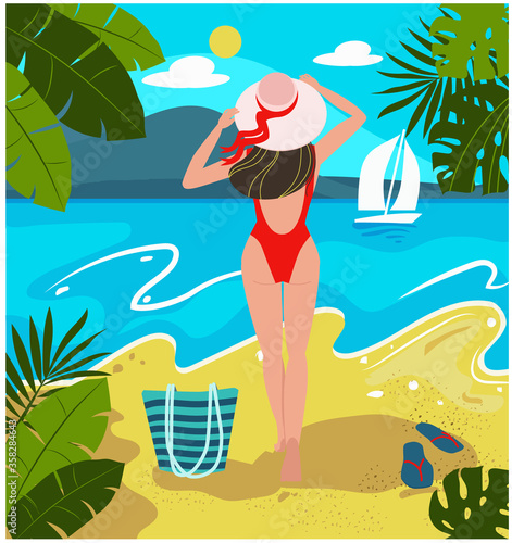 Silhouette of romantic girl in red swimsuit and hat standing on the beach and looking at sea. Summer holiday or luxury vacation. Vector flat illustration.