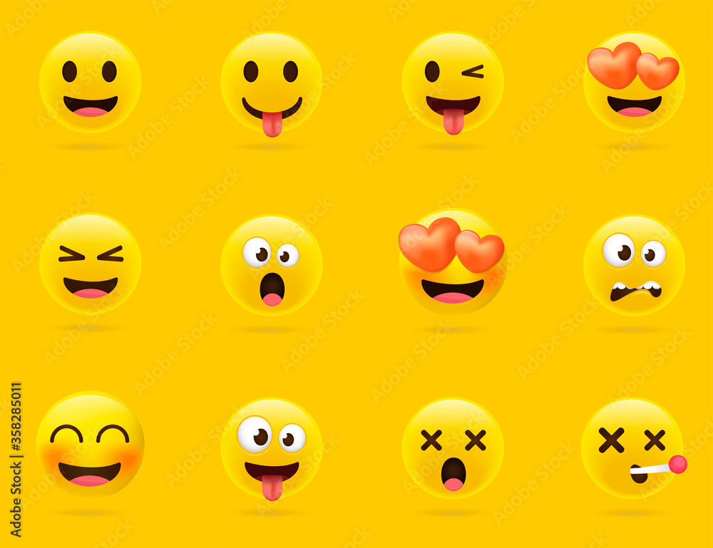 Cartoon emoji collection. Set of emoticons with different mood. 3d style vector illustration isolated on yellow background. Cartoon emoji collection. Set of emoticons with different mood. 3d style vector illustration isolated on yellow background.