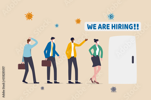 Job open for unemployed businessmen or laid off people, new vacancy for jobless people after economic recovery in Coronavirus COVID-19 crisis, people standing in line apply for job with virus pathogen