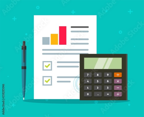 Accounting audit paper report with sales stats research growth graphs and calculator vector flat carton, concept of financial tax calculation process, analyzing marketing success diagram icon