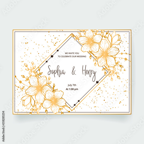 Wedding invitation card, save the date with golden frame, flowers, leaves and branches.
