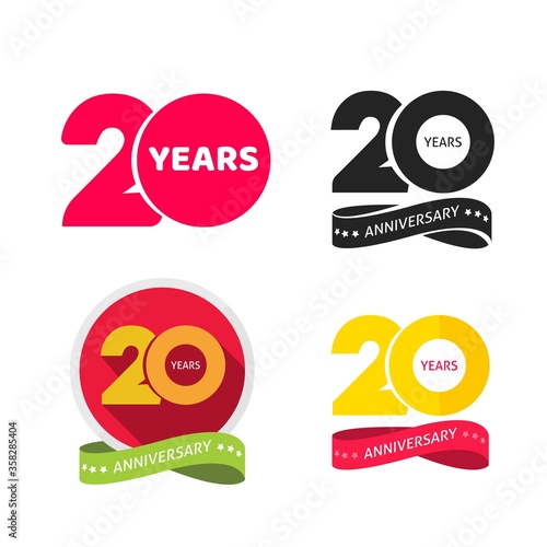 20 years anniversary logo vector icon or 20th year birthday symbol collection flat cartoon, twenty birthday party pictograms set isolated on white background clipart