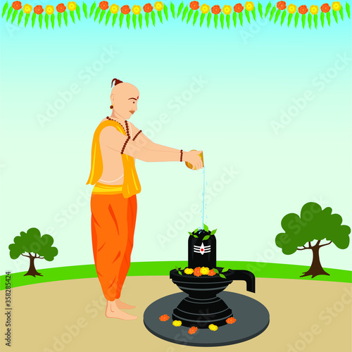 Creative design of the traditionally dressed Indian priest worshiping the lord shiva by offering the water.