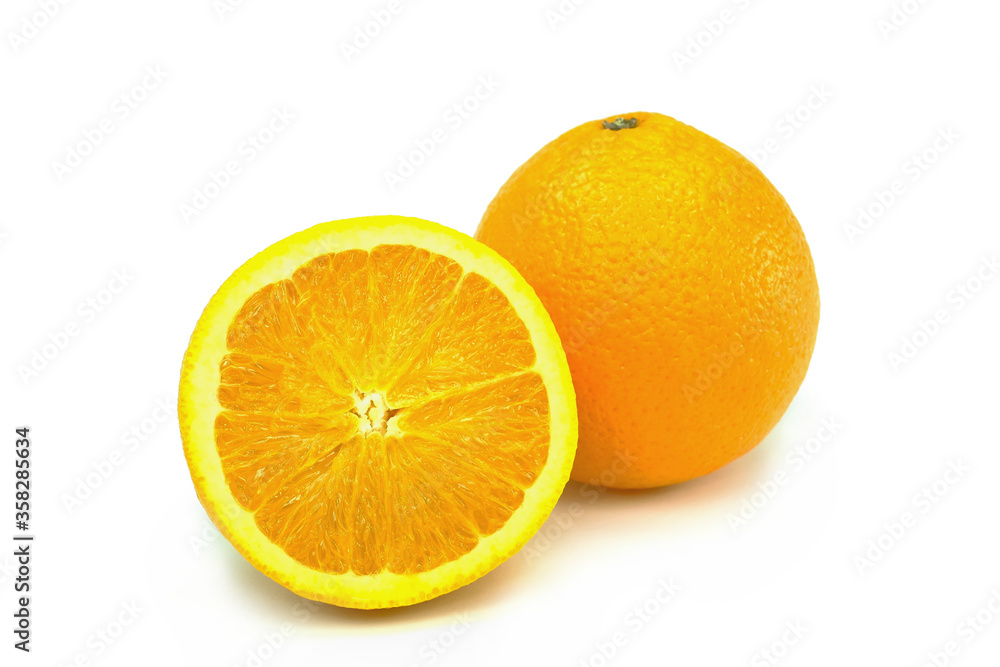 Orange fruit with orange slices isolated on the white background. Orange fruit with orange slices isolated on the white background.