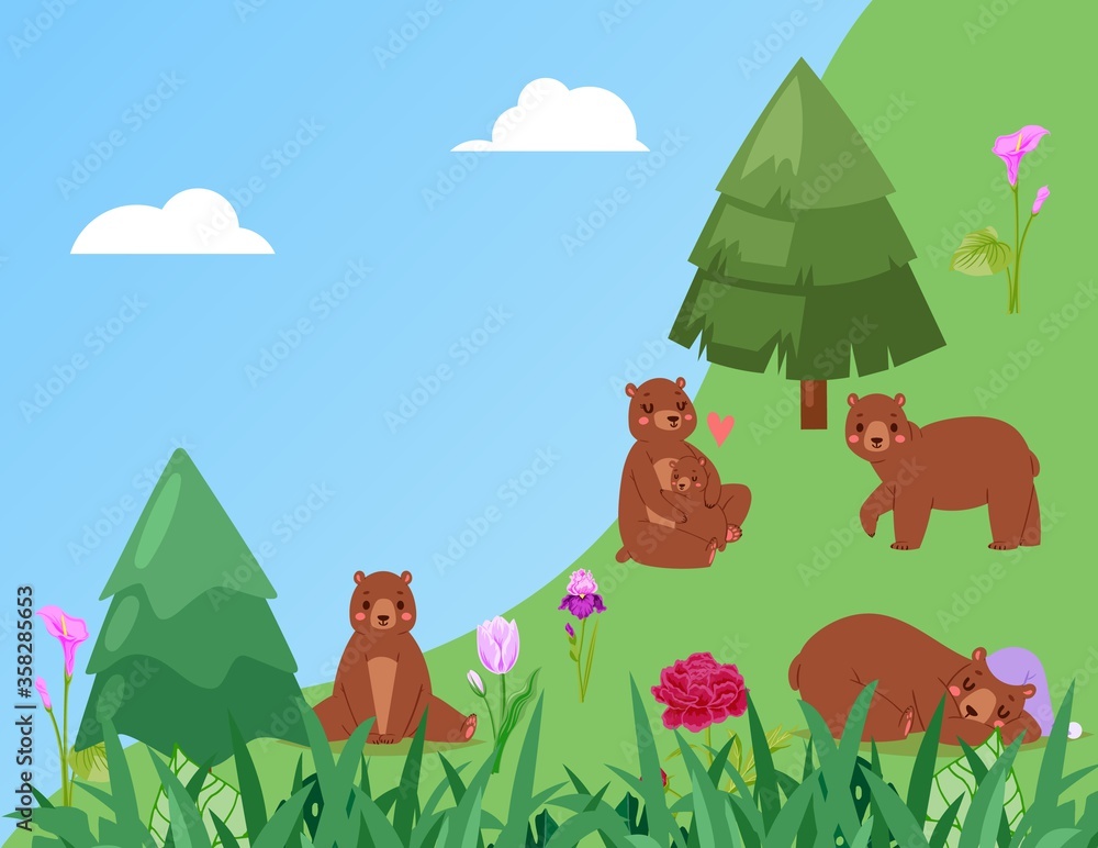 Fototapeta premium Banner, bears in forest, green grass in nature, landscape, wildlife, natural habitat, design, cartoon style vector illustration. National park tall trees and attractive, brownish grizzly bears.