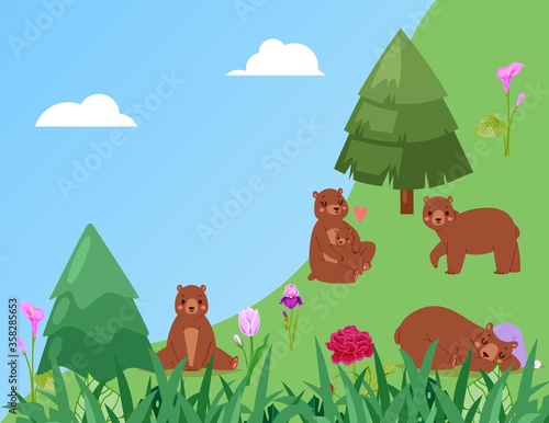 Banner, bears in forest, green grass in nature, landscape, wildlife, natural habitat, design, cartoon style vector illustration. National park tall trees and attractive, brownish grizzly bears.